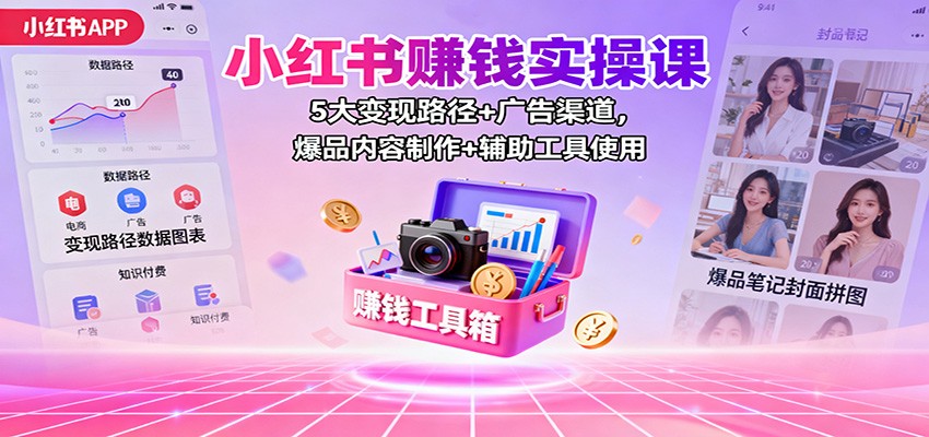 小红书赚钱实操课:5大变现路径+广告渠道,爆品内容制作+辅助工具使用-摇钱树